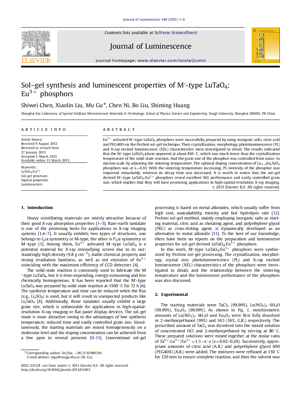 Sol-gel synthesis and luminescent properties of Mâ²-type LuTaO4:Eu3+ phosphors