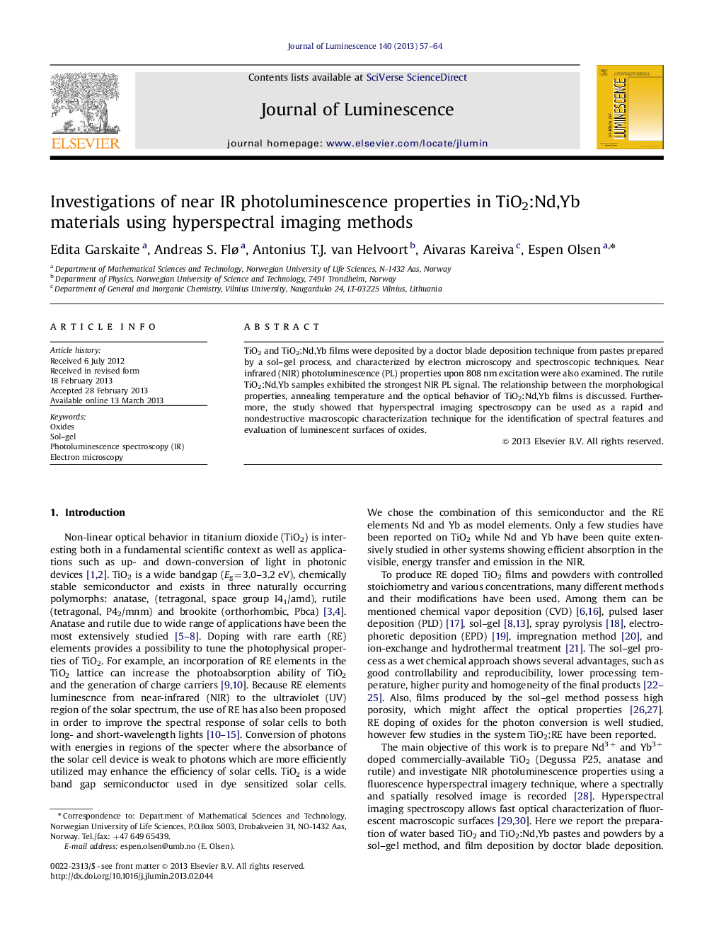 عکس صفحه اول مقاله: Investigations of near IR photoluminescence properties in TiO2:Nd,Yb materials using hyperspectral imaging methods Investigations of near IR photoluminescence properties in TiO2:Nd,Yb materials using hyperspectral imaging methods