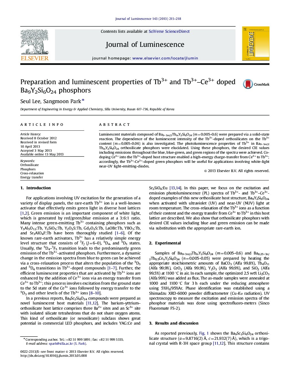 Preparation and luminescent properties of Tb3+ and Tb3+-Ce3+ doped Ba9Y2Si6O24 phosphors