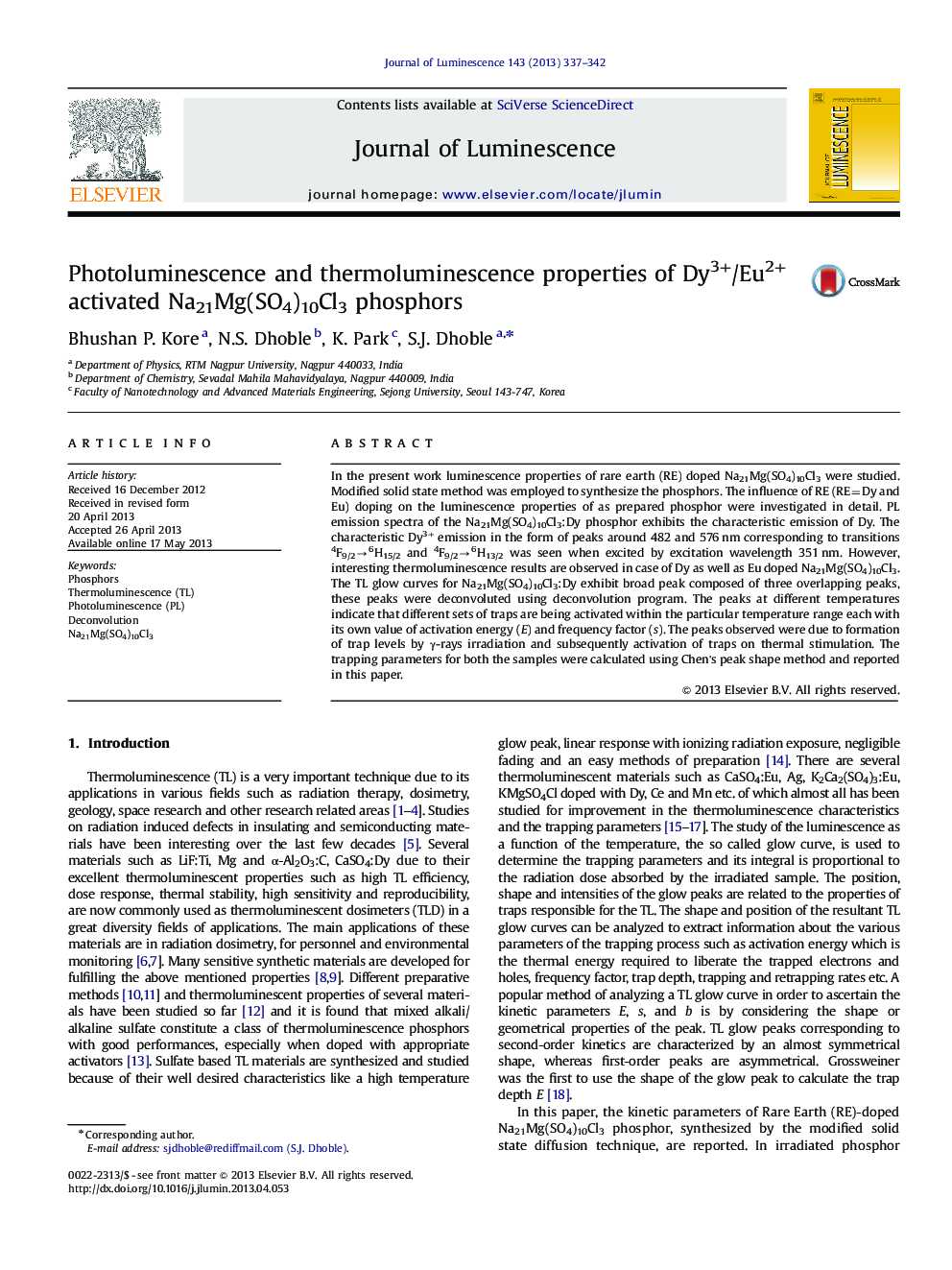 Photoluminescence and thermoluminescence properties of Dy3+/Eu2+ activated Na21Mg(SO4)10Cl3 phosphors