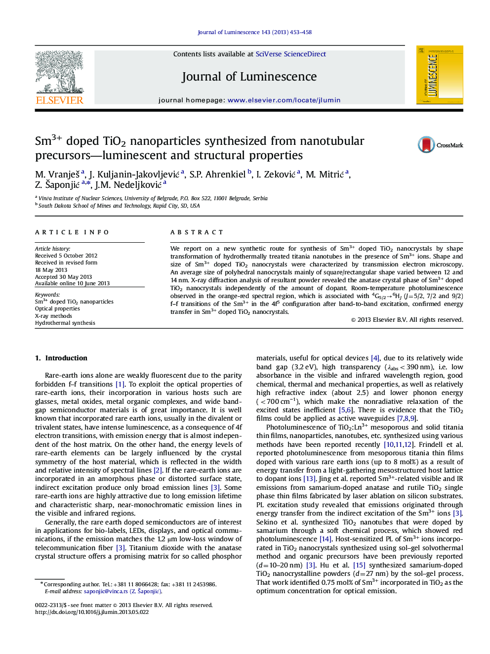 Sm3+ doped TiO2 nanoparticles synthesized from nanotubular precursors-luminescent and structural properties