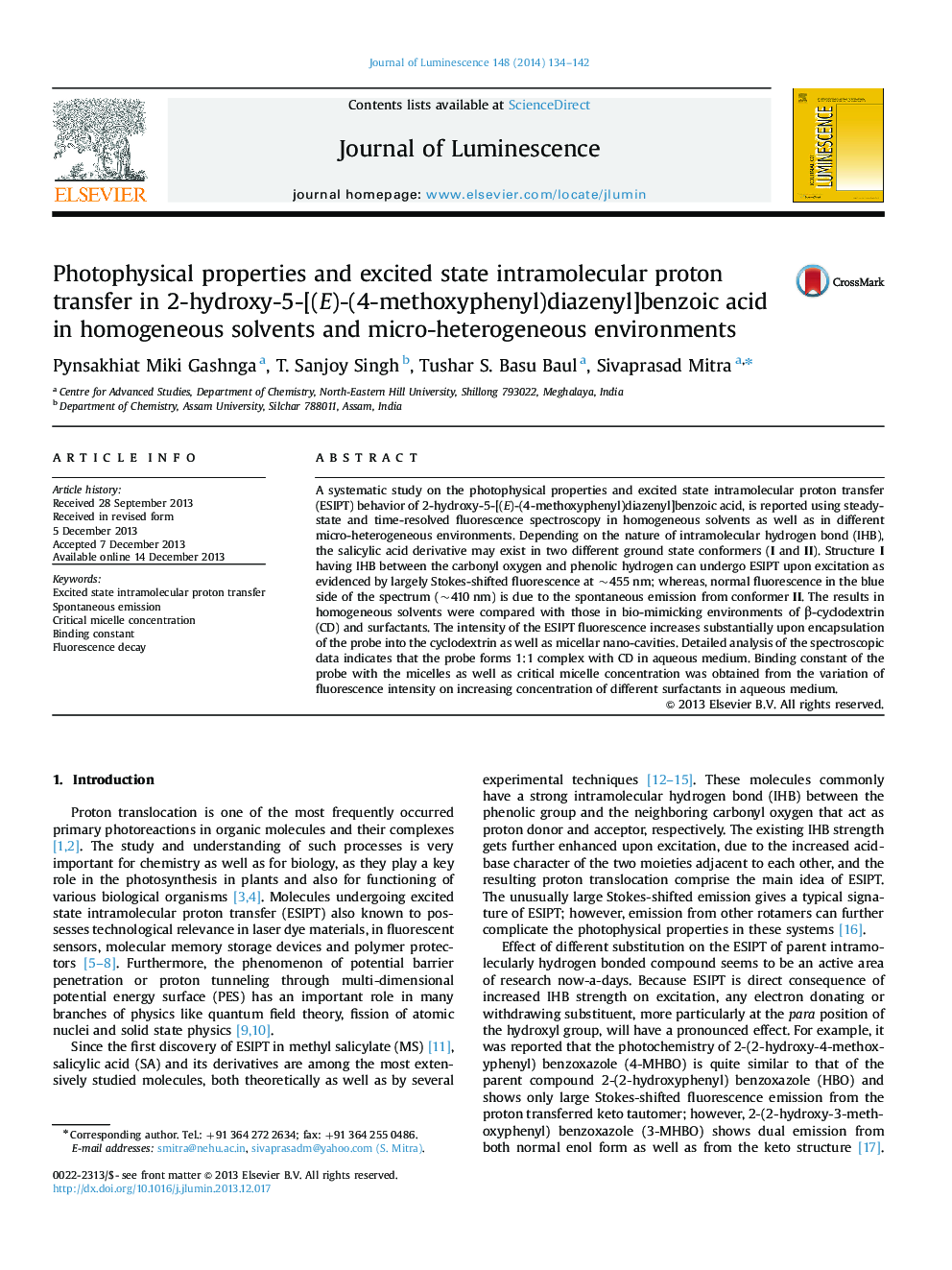 Photophysical properties and excited state intramolecular proton transfer in 2-hydroxy-5-[(E)-(4-methoxyphenyl)diazenyl]benzoic acid in homogeneous solvents and micro-heterogeneous environments