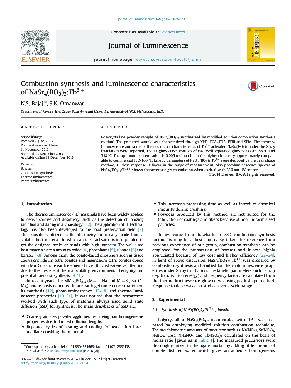 Combustion synthesis and luminescence characteristics of NaSr4(BO3)3:Tb3+