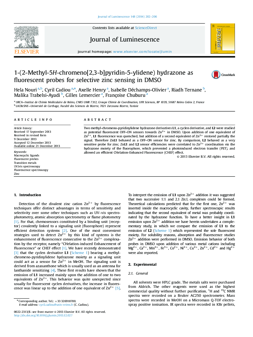 1-(2-Methyl-5H-chromeno[2,3-b]pyridin-5-ylidene) hydrazone as fluorescent probes for selective zinc sensing in DMSO