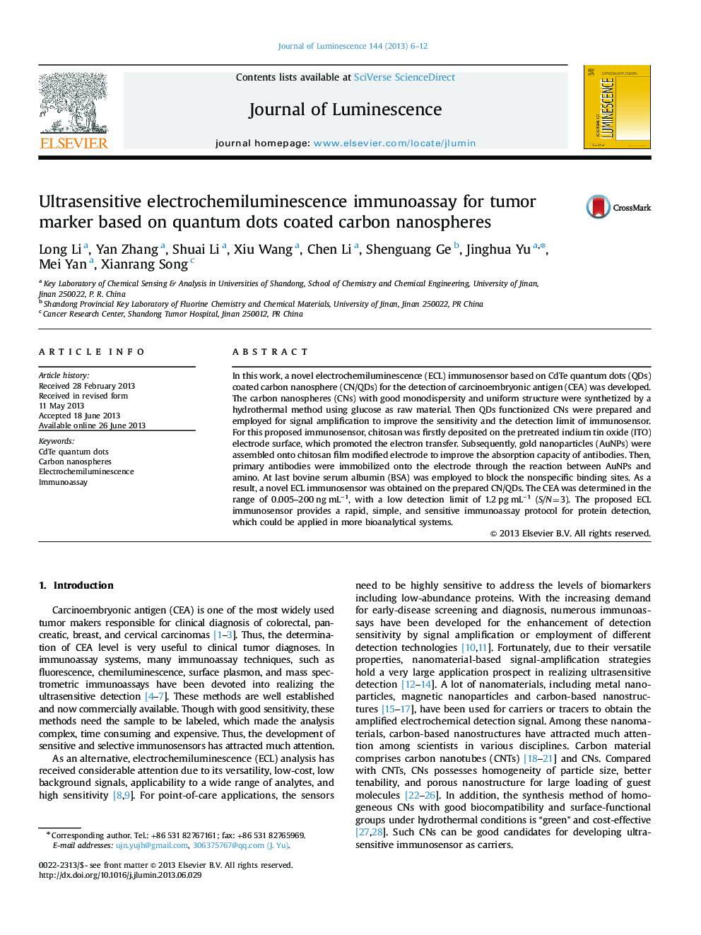 Ultrasensitive electrochemiluminescence immunoassay for tumor marker based on quantum dots coated carbon nanospheres