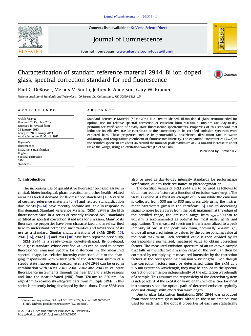 Characterization of standard reference material 2944, Bi-ion-doped glass, spectral correction standard for red fluorescence