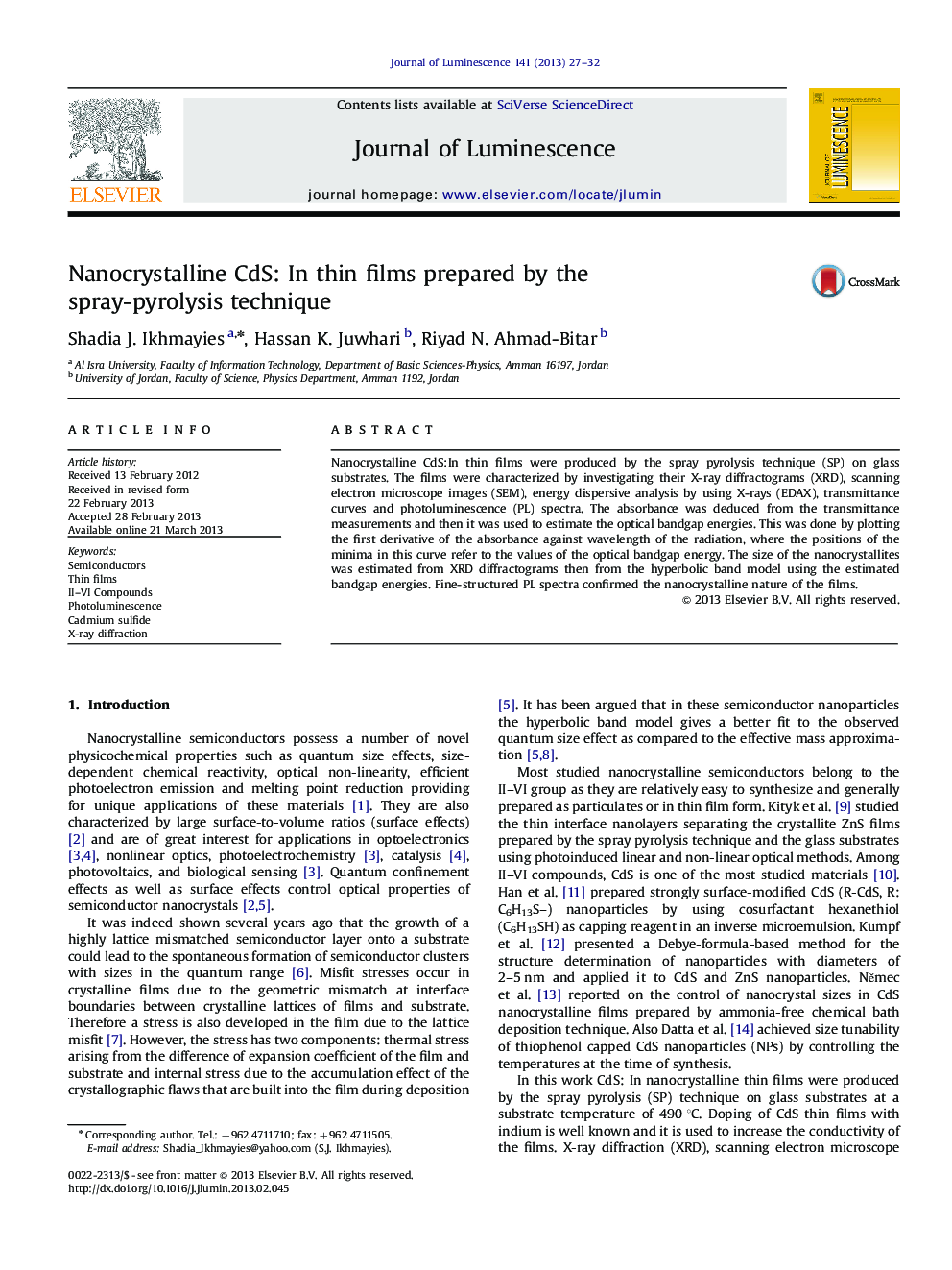 Nanocrystalline CdS: In thin films prepared by the spray-pyrolysis technique