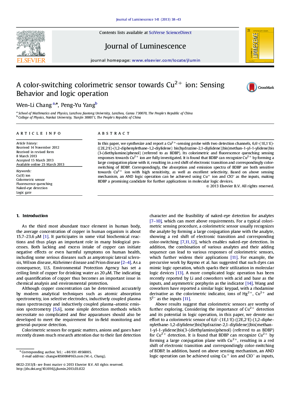 A color-switching colorimetric sensor towards Cu2+ ion: Sensing Behavior and logic operation