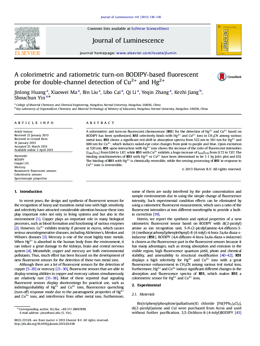 A colorimetric and ratiometric turn-on BODIPY-based fluorescent probe for double-channel detection of Cu2+ and Hg2+