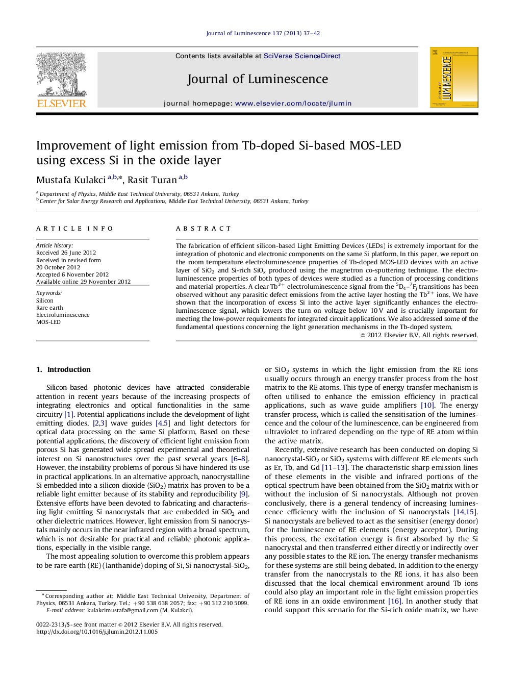 عکس صفحه اول مقاله: Improvement of light emission from Tb-doped Si-based MOS-LED using excess Si in the oxide layer Improvement of light emission from Tb-doped Si-based MOS-LED using excess Si in the oxide layer