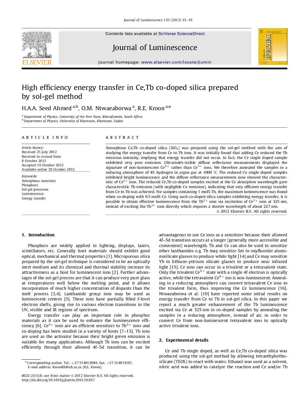 High efficiency energy transfer in Ce,Tb co-doped silica prepared by sol-gel method