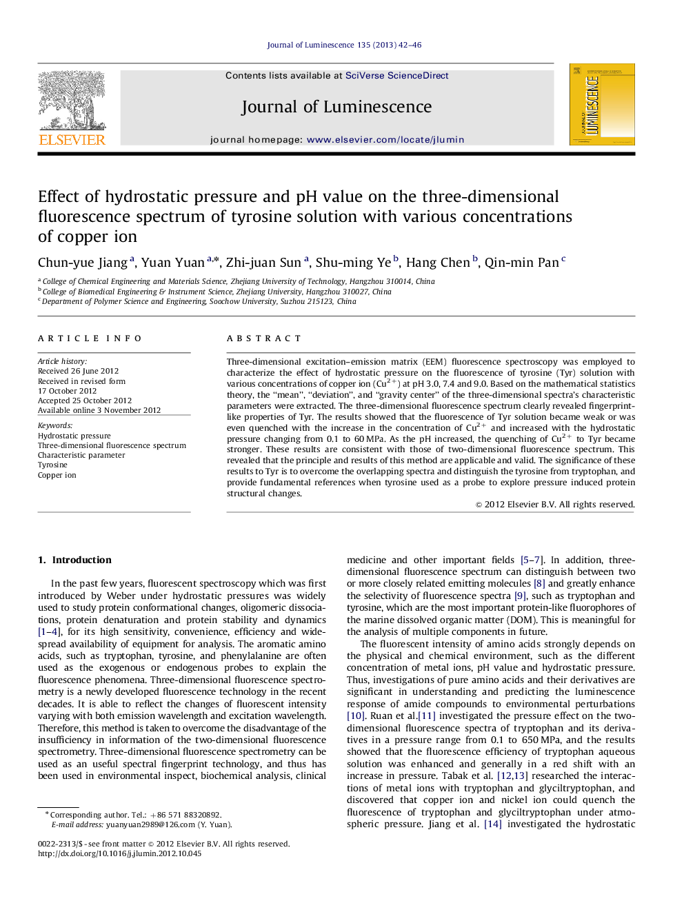 Effect of hydrostatic pressure and pH value on the three-dimensional fluorescence spectrum of tyrosine solution with various concentrations of copper ion