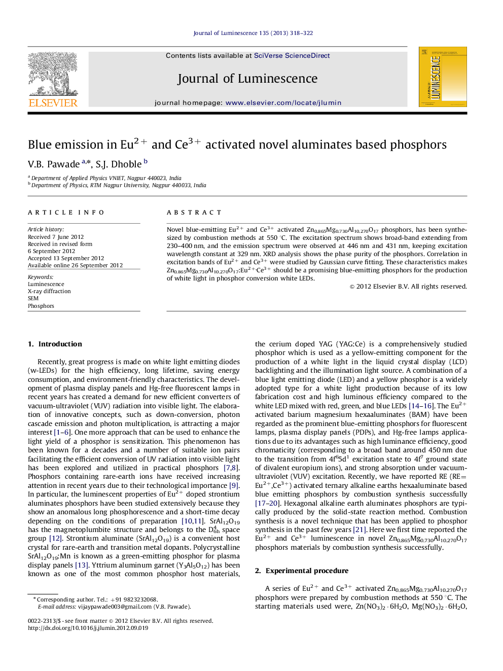 Blue emission in Eu2+ and Ce3+ activated novel aluminates based phosphors