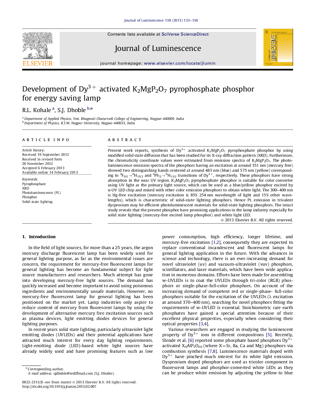 Development of Dy3+ activated K2MgP2O7 pyrophosphate phosphor for energy saving lamp