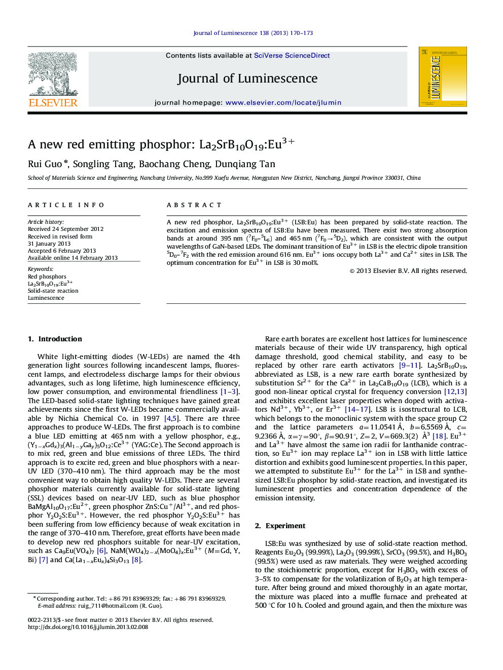 A new red emitting phosphor: La2SrB10O19:Eu3+