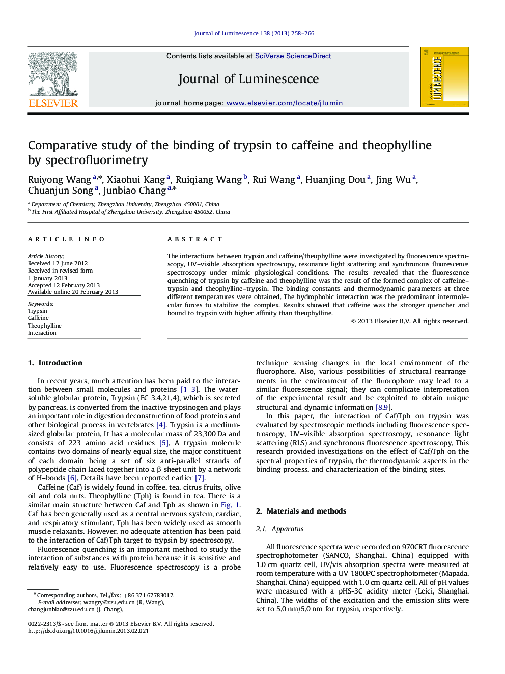 Comparative study of the binding of trypsin to caffeine and theophylline by spectrofluorimetry
