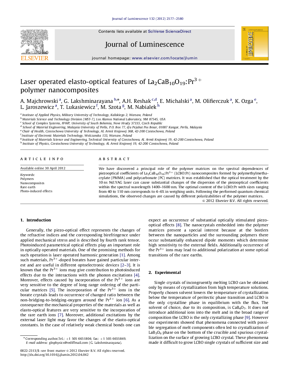 Laser operated elasto-optical features of La2CaB10O19:Pr3+ polymer nanocomposites