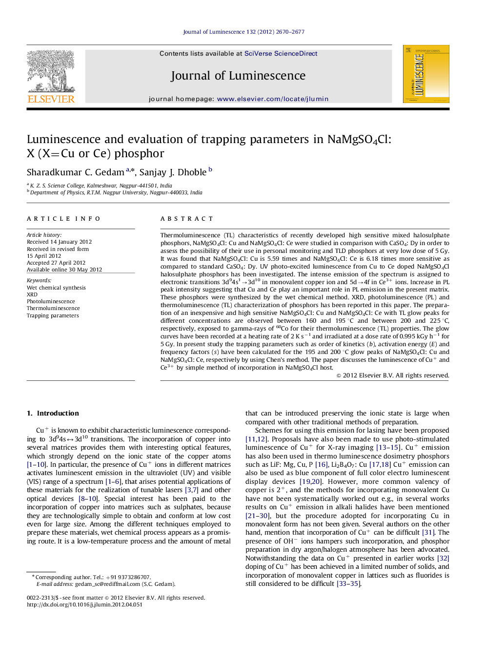 Luminescence and evaluation of trapping parameters in NaMgSO4Cl: X (X=Cu or Ce) phosphor