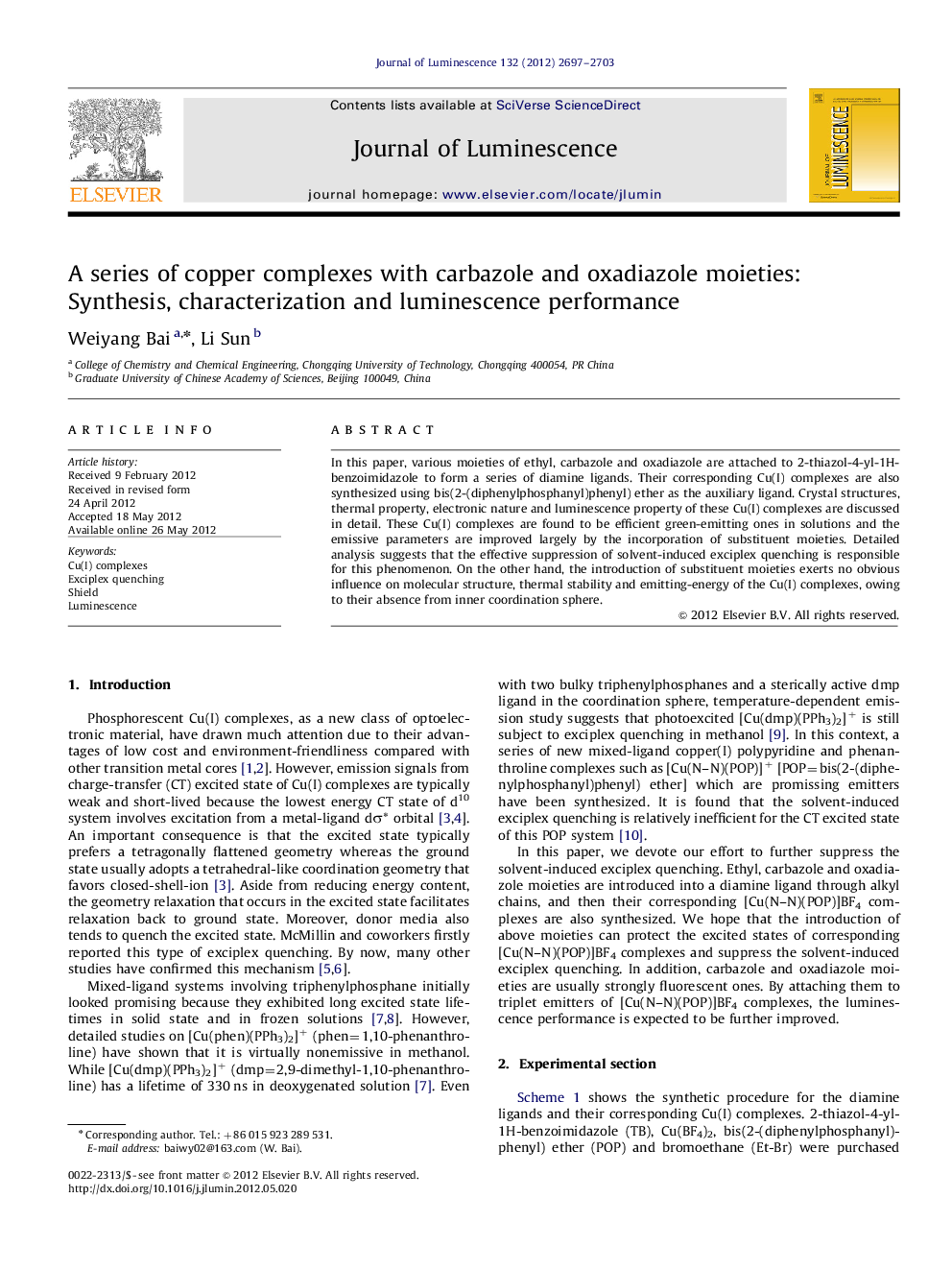 A series of copper complexes with carbazole and oxadiazole moieties: Synthesis, characterization and luminescence performance