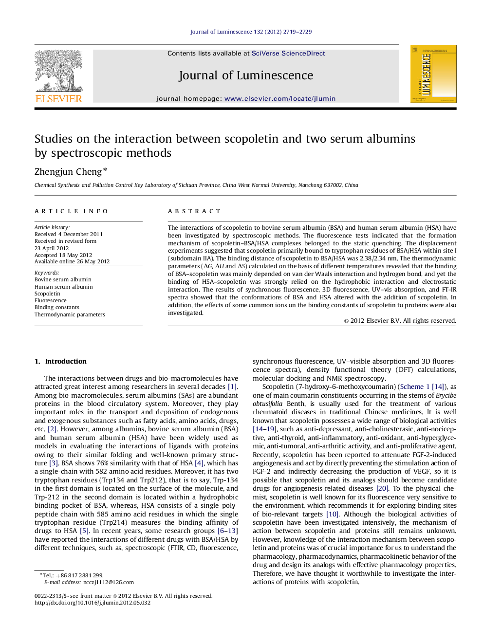 Studies on the interaction between scopoletin and two serum albumins by spectroscopic methods