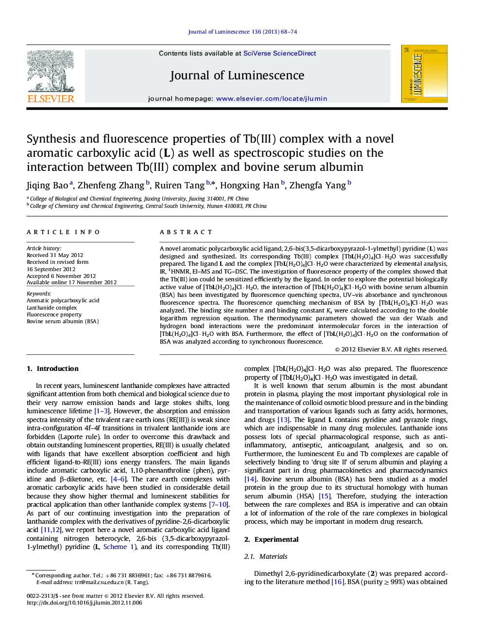 Synthesis and fluorescence properties of Tb(III) complex with a novel aromatic carboxylic acid (L) as well as spectroscopic studies on the interaction between Tb(III) complex and bovine serum albumin