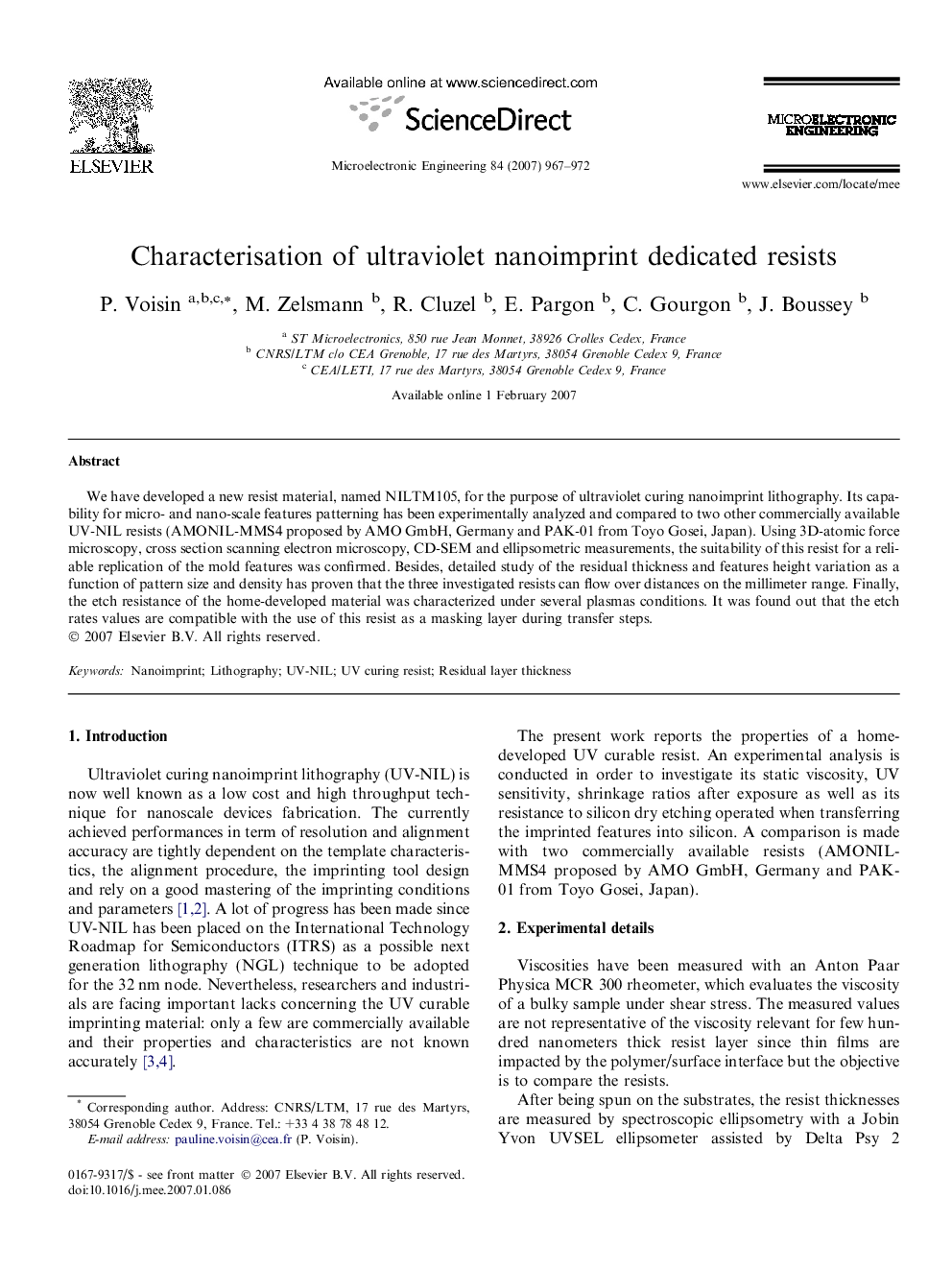 عکس صفحه اول مقاله: Characterisation of ultraviolet nanoimprint dedicated resists Characterisation of ultraviolet nanoimprint dedicated resists