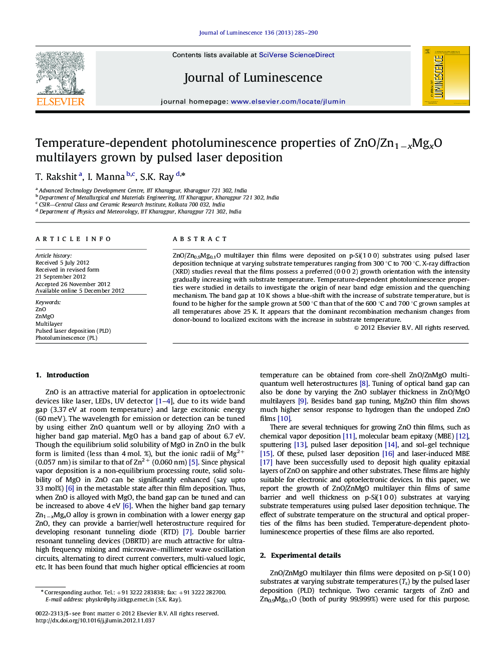 Temperature-dependent photoluminescence properties of ZnO/Zn1âxMgxO multilayers grown by pulsed laser deposition