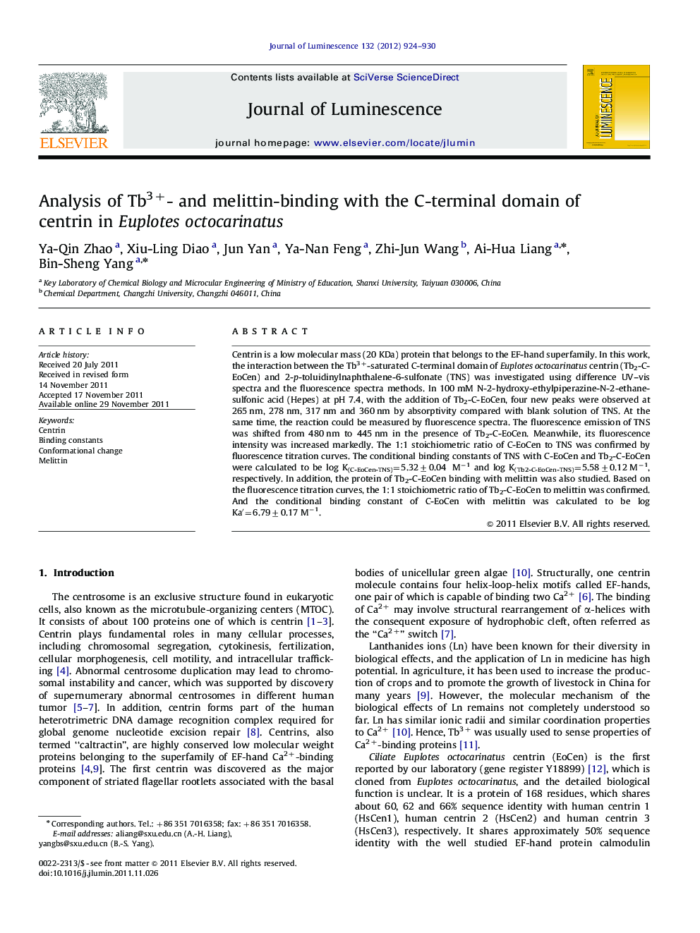 Analysis of Tb3+- and melittin-binding with the C-terminal domain of centrin in Euplotes octocarinatus