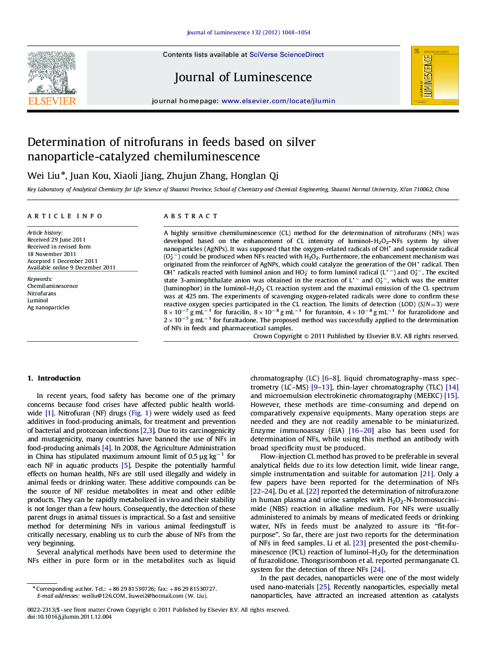 Determination of nitrofurans in feeds based on silver nanoparticle-catalyzed chemiluminescence