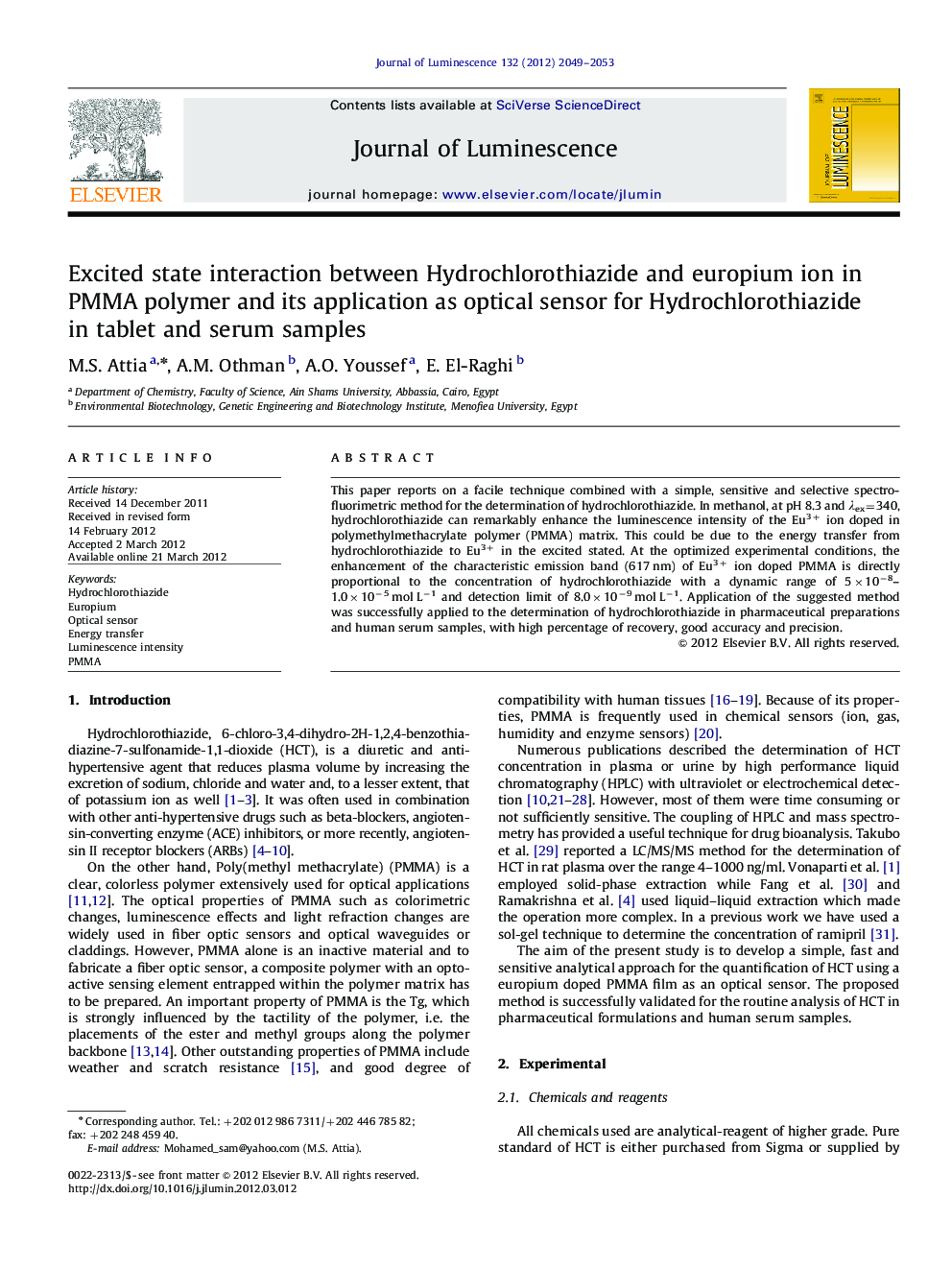 عکس صفحه اول مقاله: Excited state interaction between Hydrochlorothiazide and europium ion in PMMA polymer and its application as optical sensor for Hydrochlorothiazide in tablet and serum samples Excited state interaction between Hydrochlorothiazide and europium ion in PMMA polymer and its application as optical sensor for Hydrochlorothiazide in tablet and serum samples