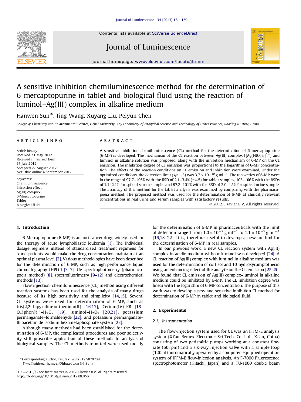 A sensitive inhibition chemiluminescence method for the determination of 6-mercaptopurine in tablet and biological fluid using the reaction of luminol-Ag(III) complex in alkaline medium