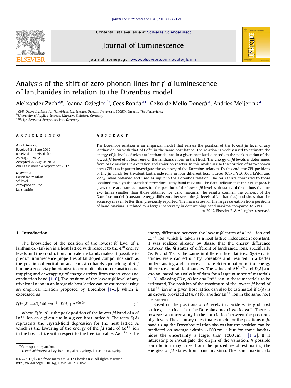 Analysis of the shift of zero-phonon lines for f-d luminescence of lanthanides in relation to the Dorenbos model