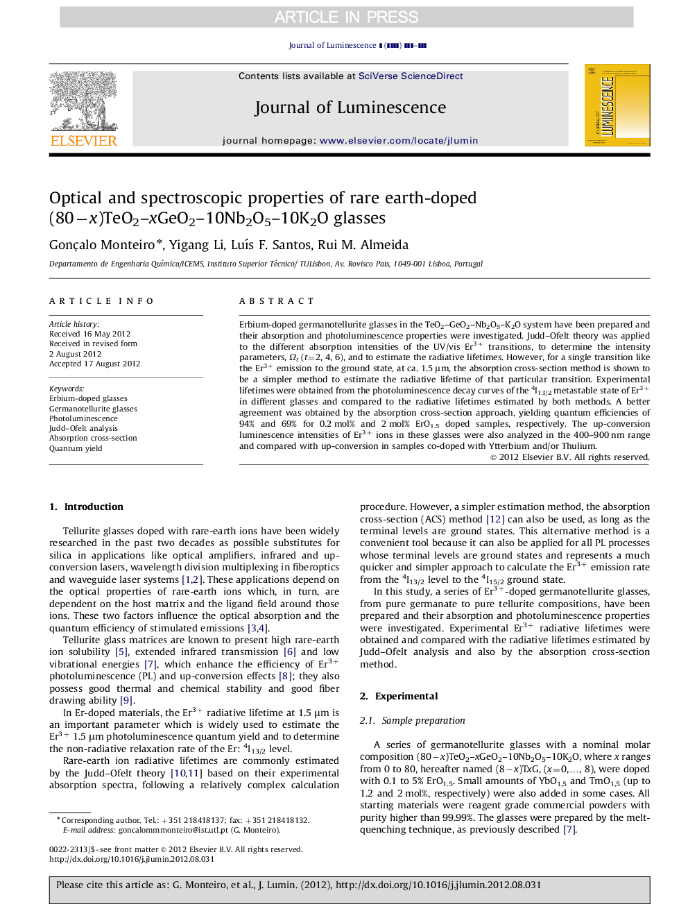 Optical and spectroscopic properties of rare earth-doped (80âx)TeO2-xGeO2-10Nb2O5-10K2O glasses