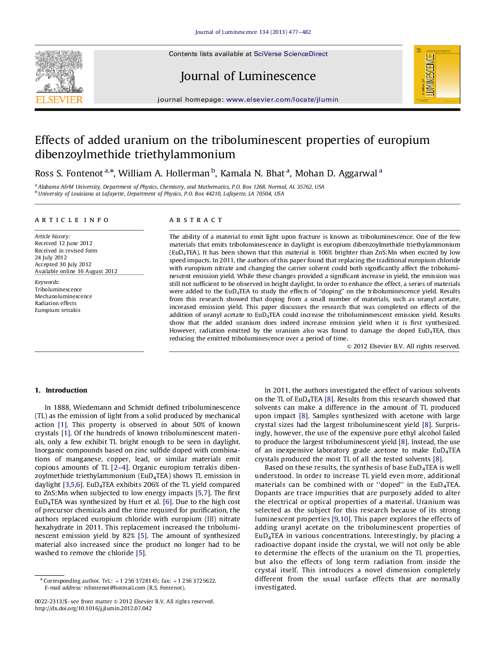 Effects of added uranium on the triboluminescent properties of europium dibenzoylmethide triethylammonium