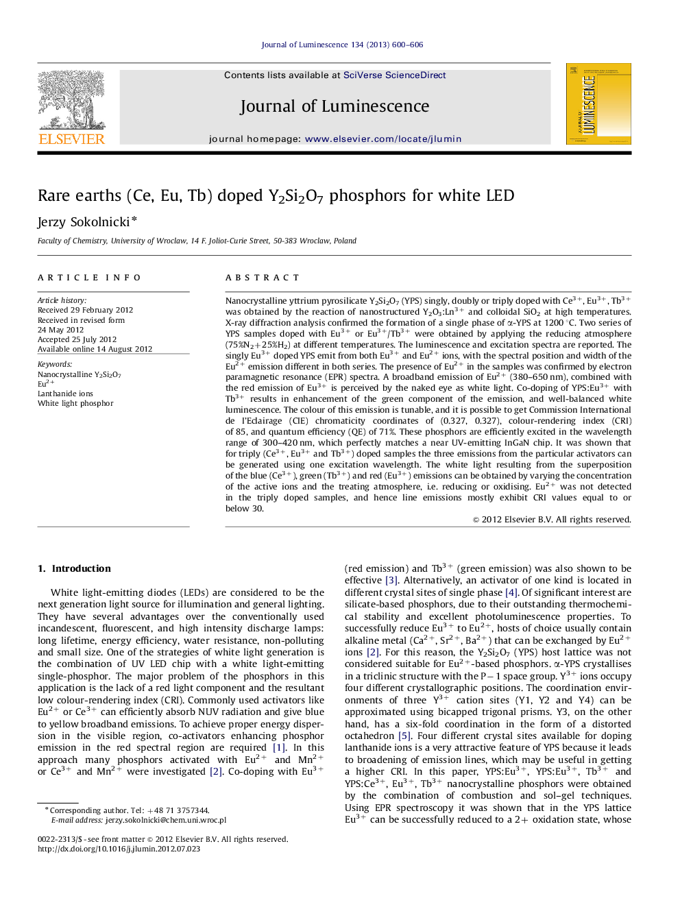 Rare earths (Ce, Eu, Tb) doped Y2Si2O7 phosphors for white LED