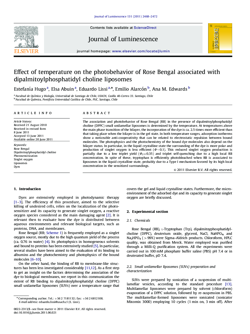 Effect of temperature on the photobehavior of Rose Bengal associated with dipalmitoylphosphatidyl choline liposomes