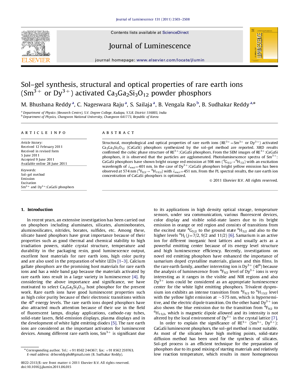 Sol-gel synthesis, structural and optical properties of rare earth ions (Sm3+ or Dy3+) activated Ca3Ga2Si3O12 powder phosphors