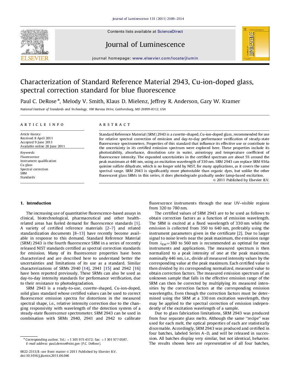 Characterization of Standard Reference Material 2943, Cu-ion-doped glass, spectral correction standard for blue fluorescence