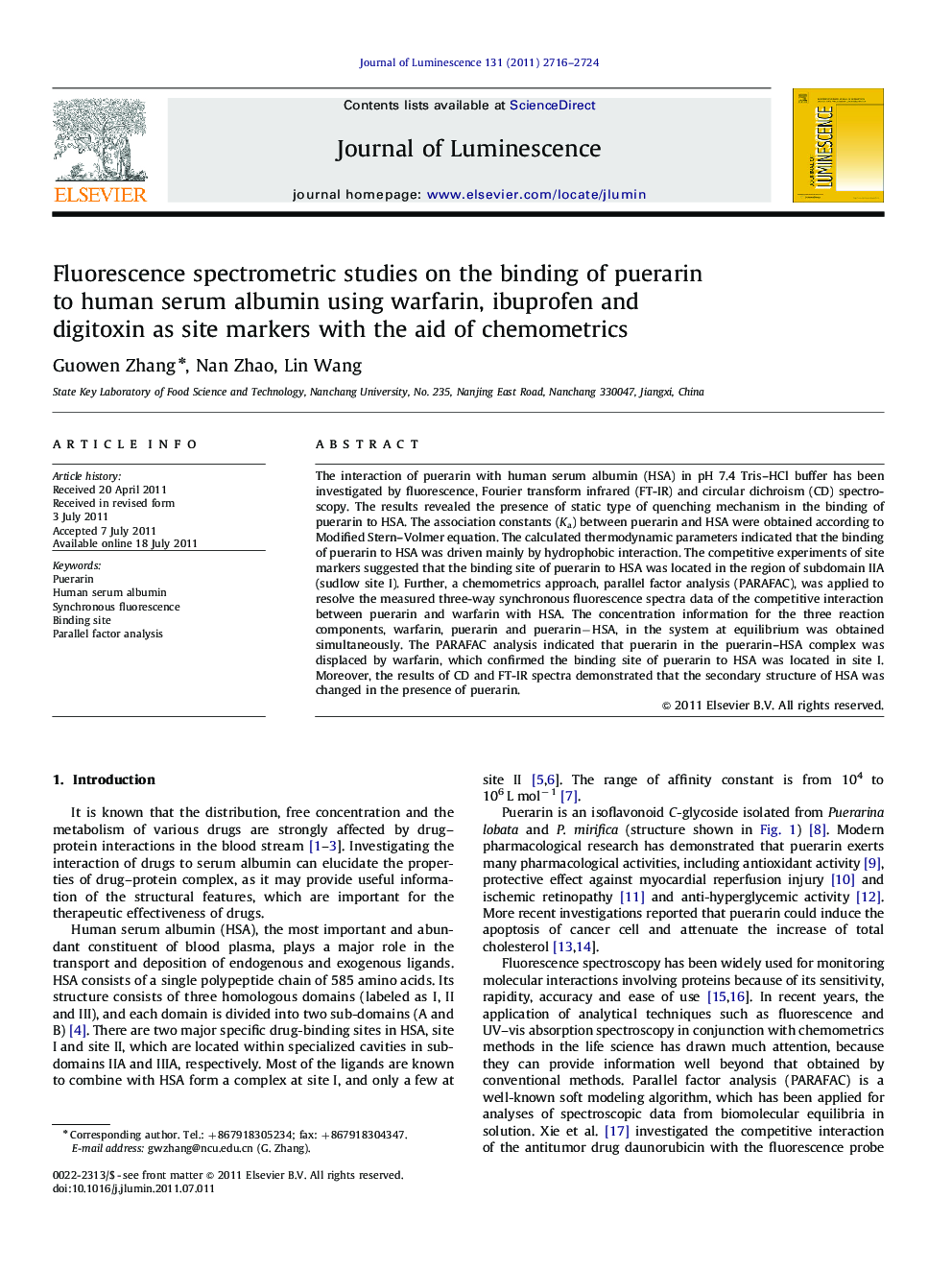 Fluorescence spectrometric studies on the binding of puerarin to human serum albumin using warfarin, ibuprofen and digitoxin as site markers with the aid of chemometrics