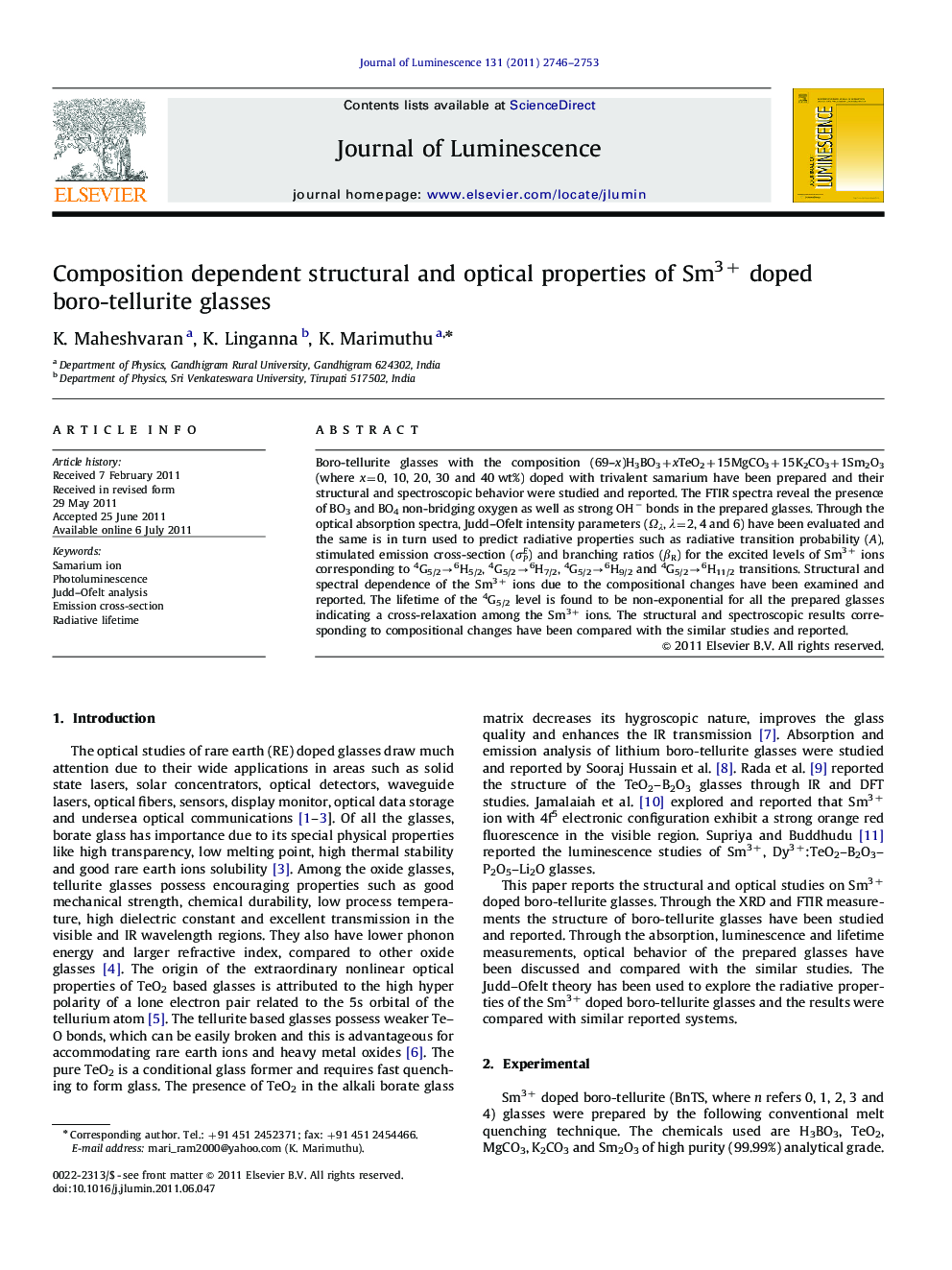 Composition dependent structural and optical properties of Sm3+ doped boro-tellurite glasses