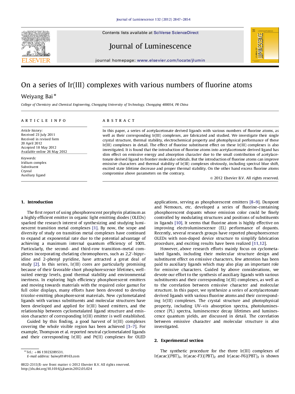 On a series of Ir(III) complexes with various numbers of fluorine atoms