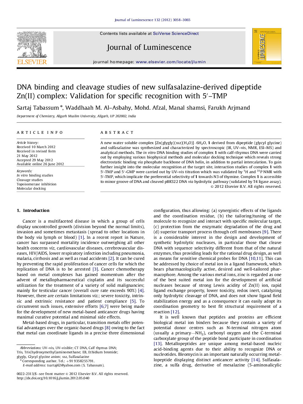 DNA binding and cleavage studies of new sulfasalazine-derived dipeptide Zn(II) complex: Validation for specific recognition with 5â²-TMP