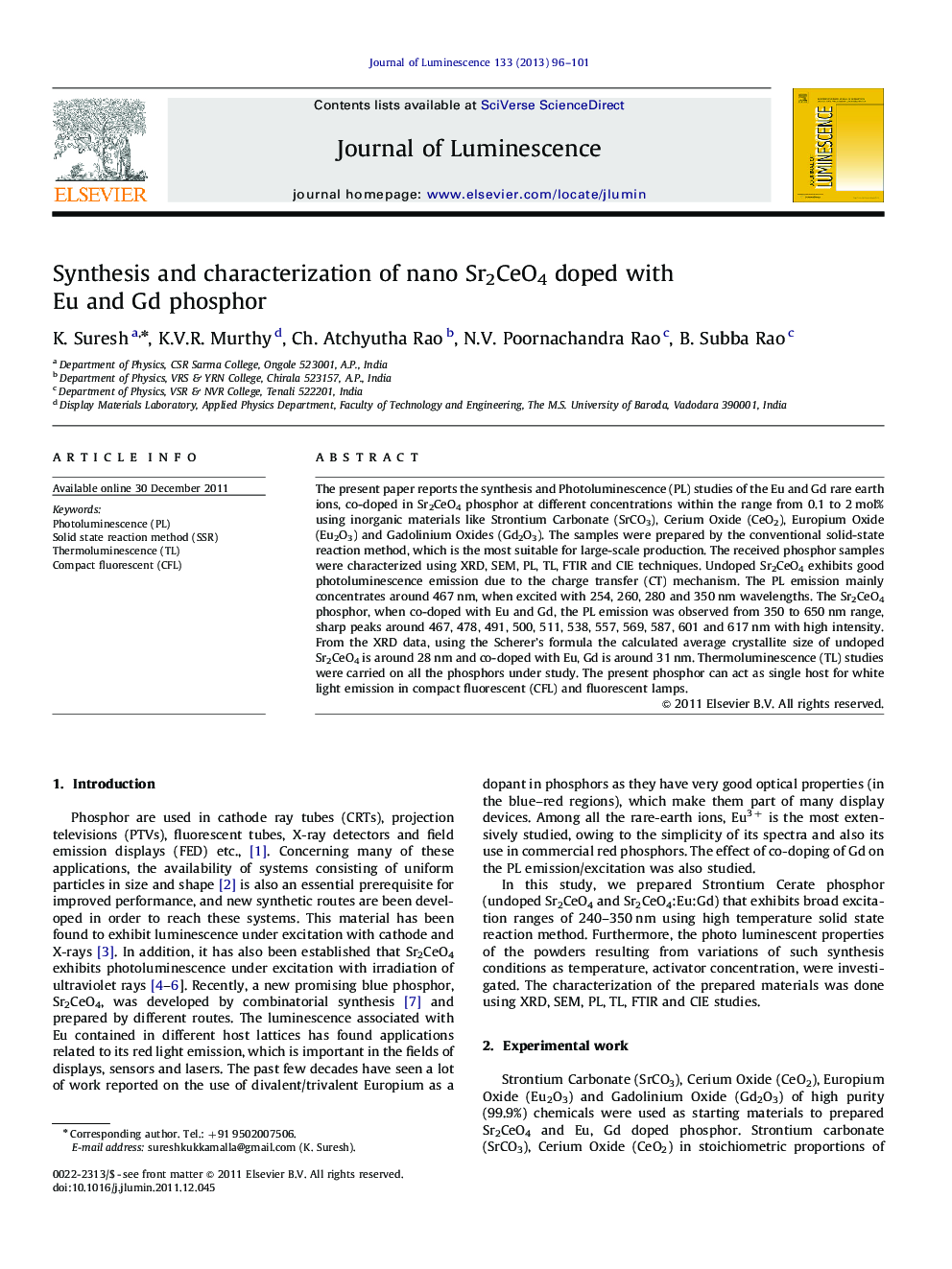 Synthesis and characterization of nano Sr2CeO4 doped with Eu and Gd phosphor