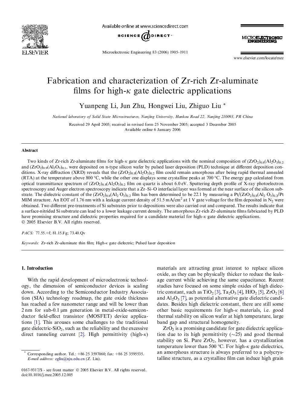 Fabrication and characterization of Zr-rich Zr-aluminate films for high-κ gate dielectric applications