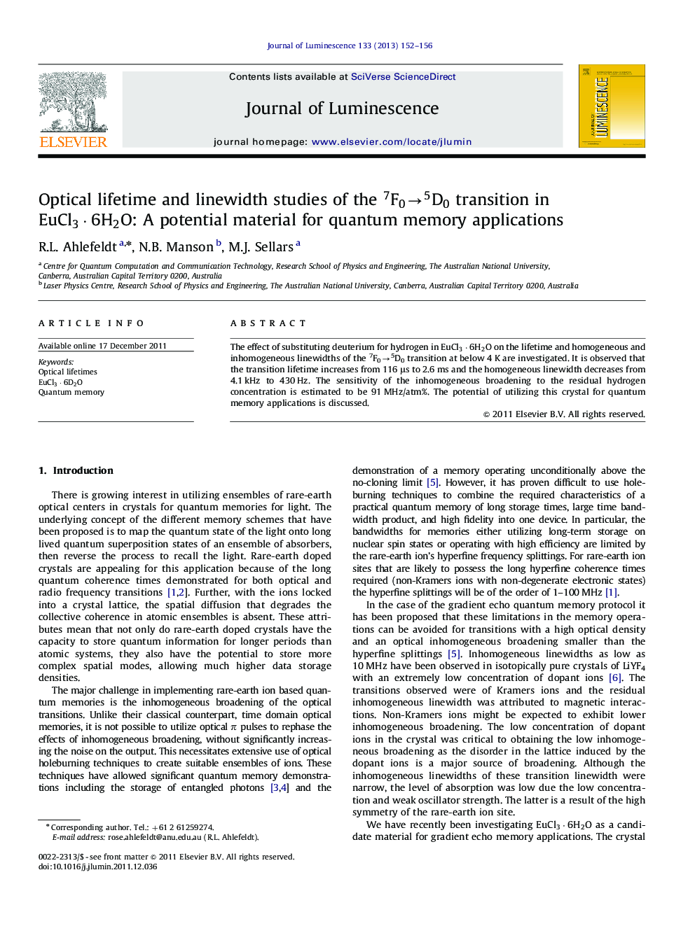 Optical lifetime and linewidth studies of the 7F0â5D0 transition in EuCl3Â·6H2O: A potential material for quantum memory applications