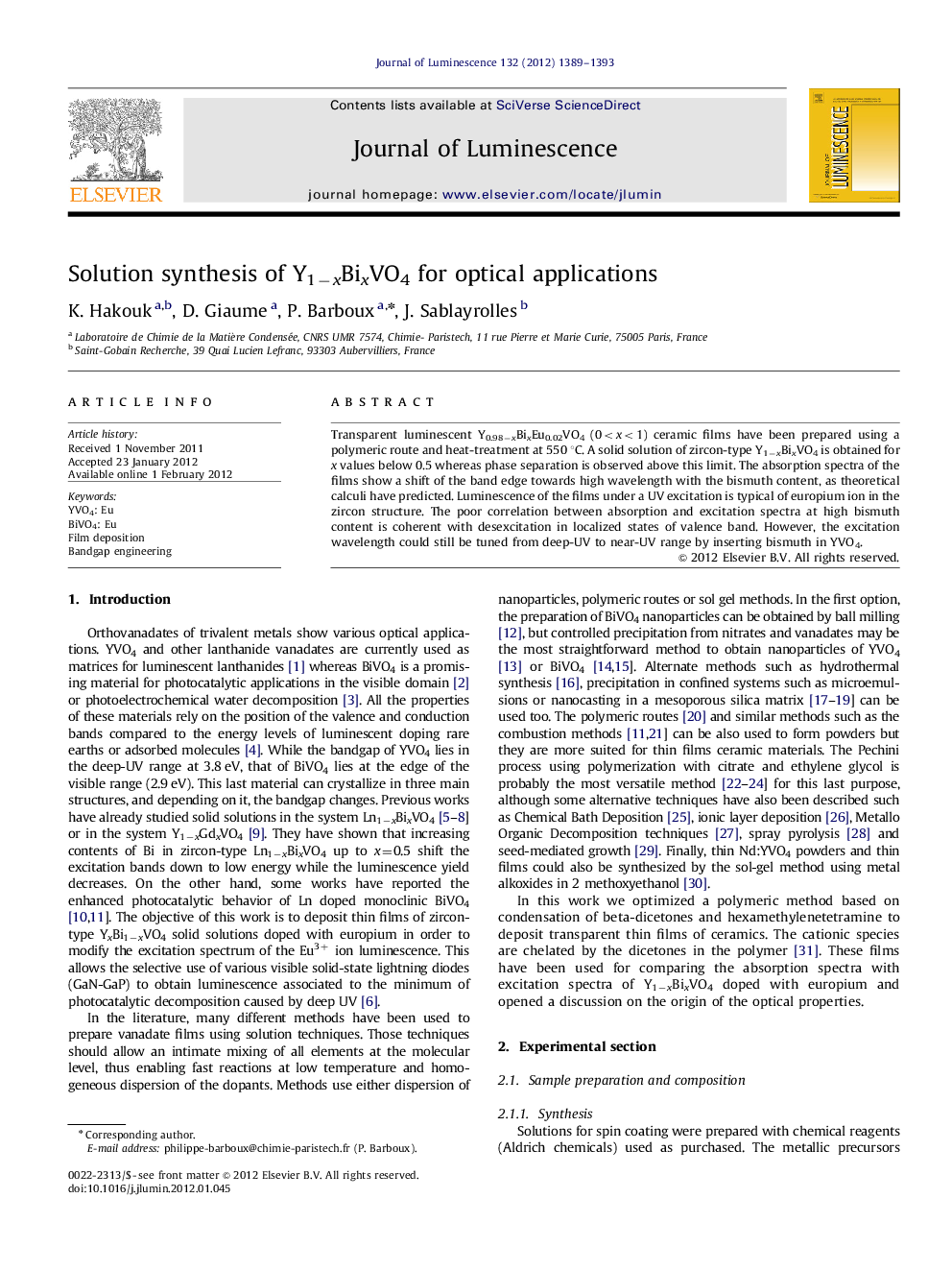 Solution synthesis of Y1âxBixVO4 for optical applications