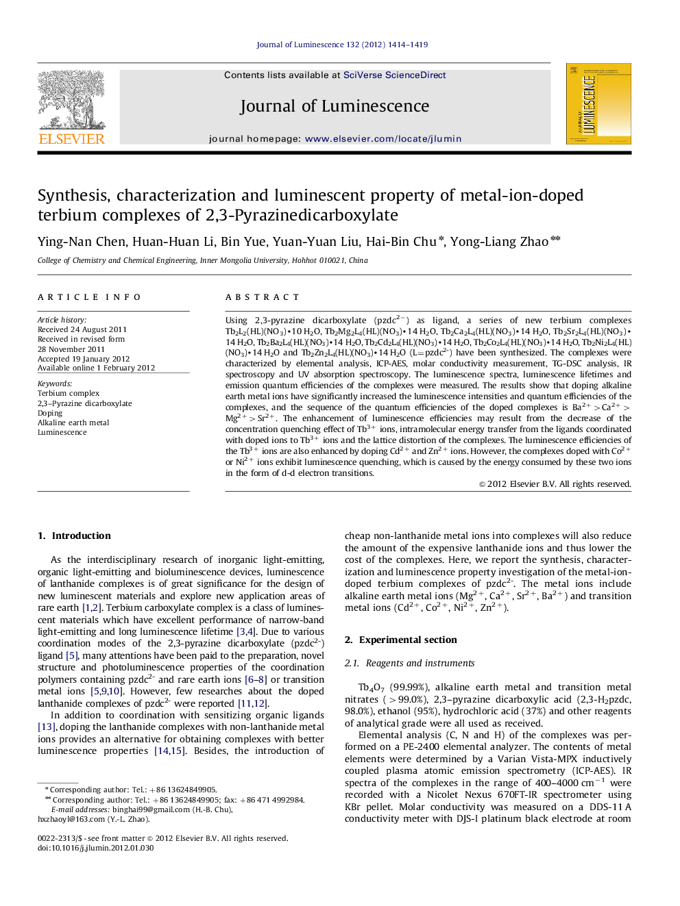 Synthesis, characterization and luminescent property of metal-ion-doped terbium complexes of 2,3-Pyrazinedicarboxylate