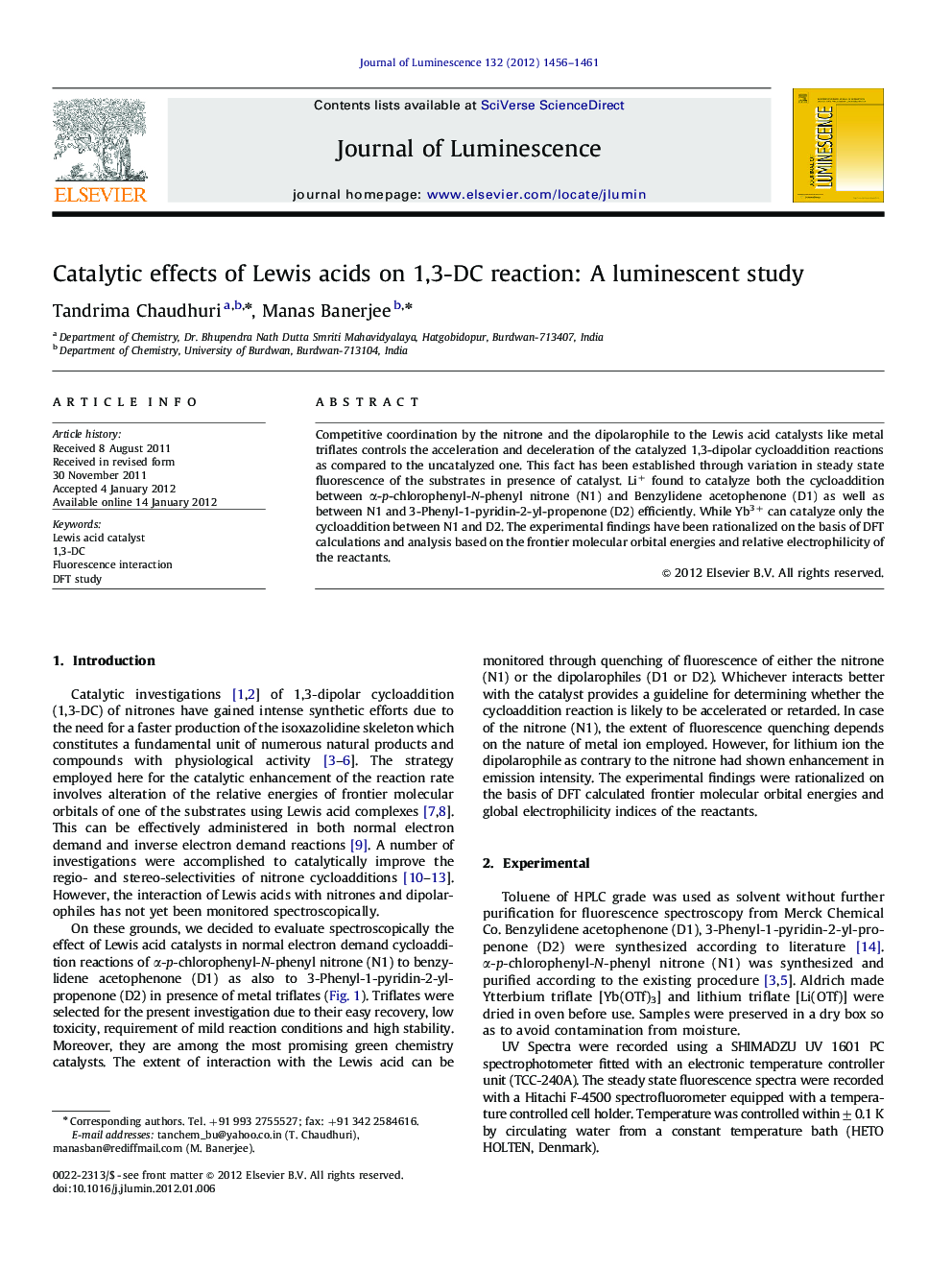 Catalytic effects of Lewis acids on 1,3-DC reaction: A luminescent study
