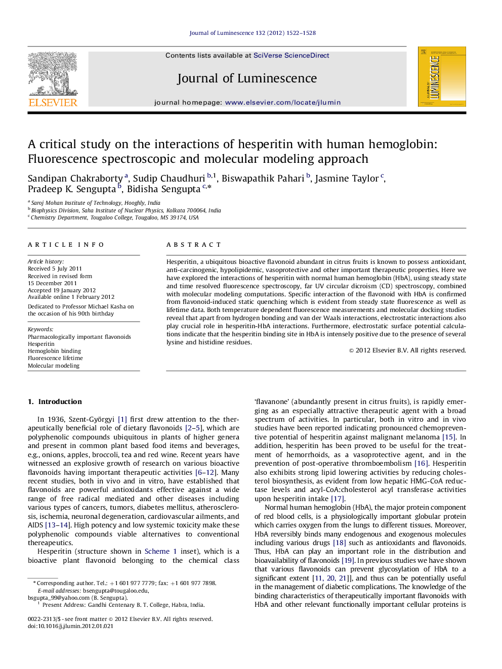 A critical study on the interactions of hesperitin with human hemoglobin: Fluorescence spectroscopic and molecular modeling approach