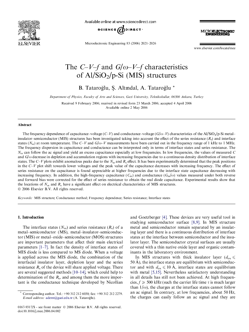 The C–V–f and G/ω–V–f characteristics of Al/SiO2/p-Si (MIS) structures